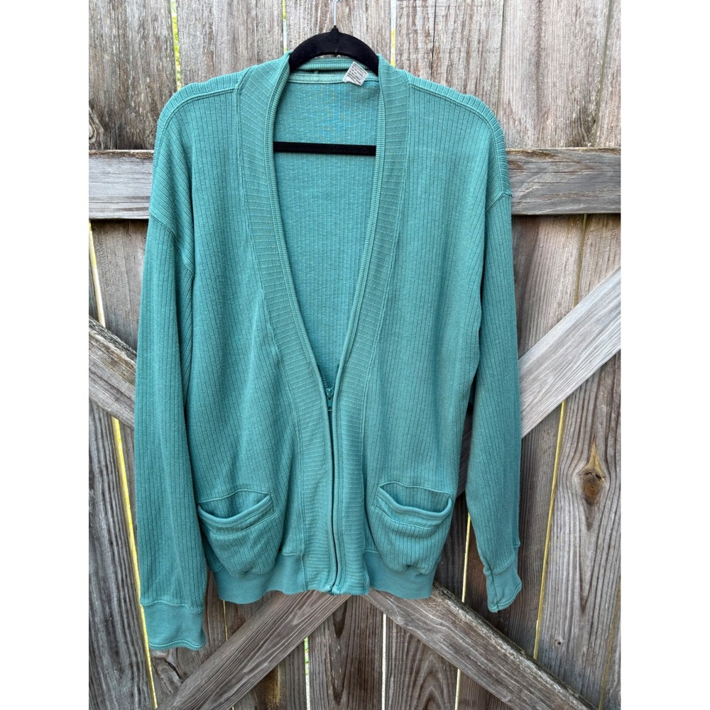 Vintage Teal Green Ribbed 100% Cotton Zip Up Cardigan Sweater Large